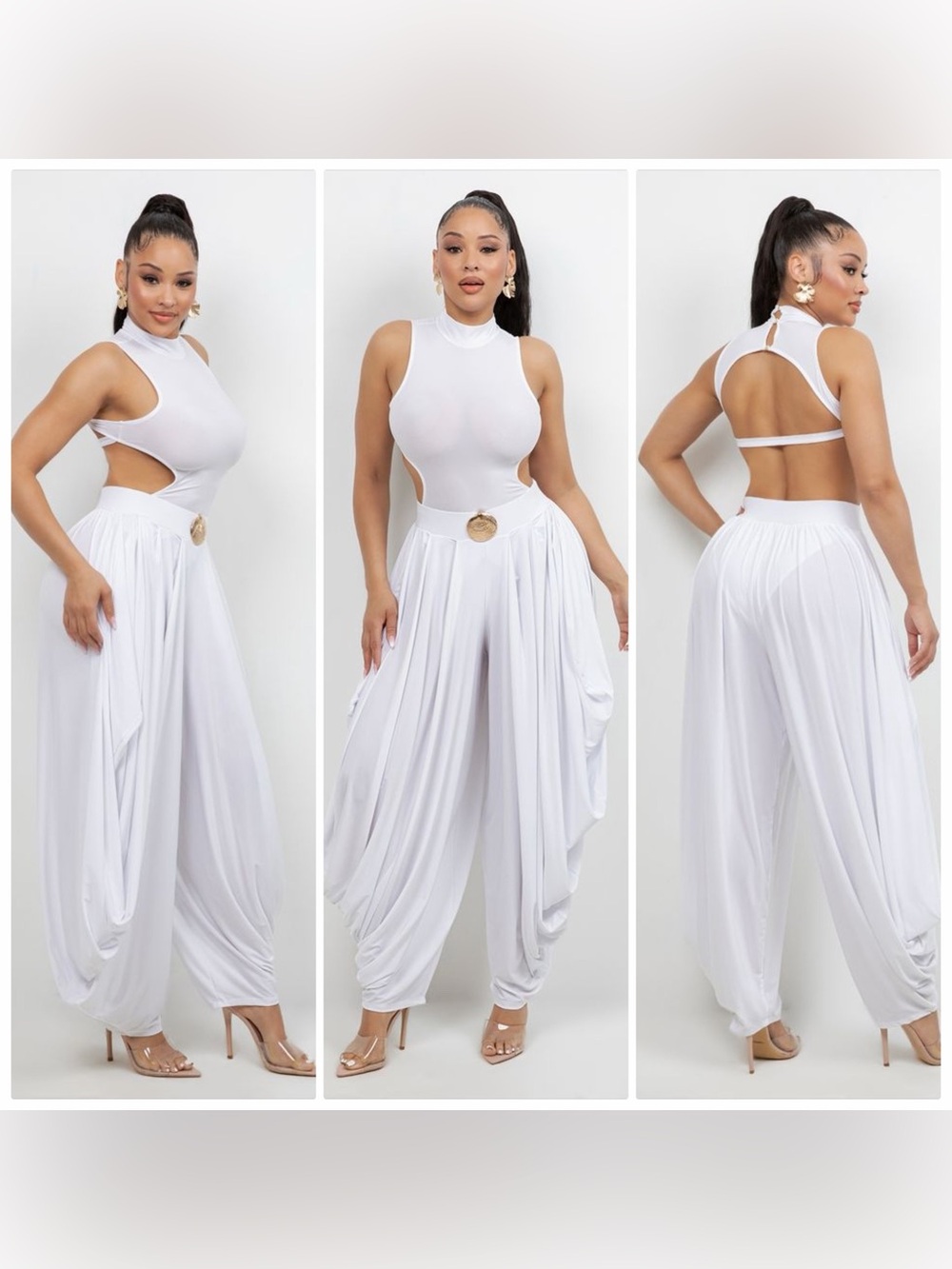 2pc Women's Cutout Harem Pant Set with Gold Accent